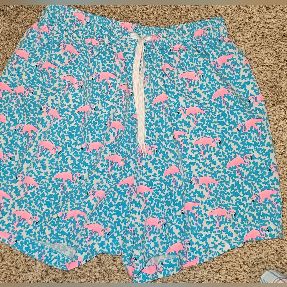 Chubbies Blue and Pink Swim Shorts with Flamingo Pattern